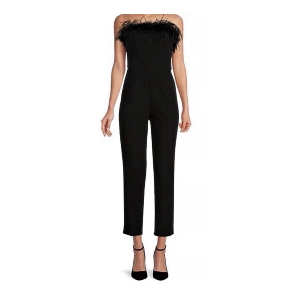 GB Gianni Bini Black Strapless Jumpsuit Kimberly Women Feathers $189 NWT Sz 4